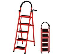 Escalera Plegable de Acero de 5 Peldaños, Escalera Doméstica Antideslizante con Barandilla para Cocina, Hogar y Oficina - Rojo