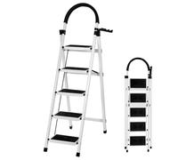 Escalera Plegable de Acero de 5 Peldaños, Escalera Doméstica Antideslizante con Barandilla para Cocina, Hogar y Oficina - Blanco