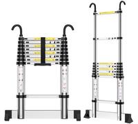 Escalera Telescópica 2,5m, Escalera Aluminio Extensible con Gancho, Escalones Ajustables, para DesváN, Limpieza Canalones, Ventanas, OrganizacióN Almacenamiento, etc.
