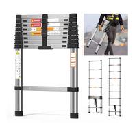 Escalera telescópica 2,6m/8,5FT,Escalera Extensible Ligera de Acero Inoxidable con Bloqueo automático,Pies Antideslizantes,Carga 150kg/330lb,Escalera Multiusos para el hogar y el Exterior