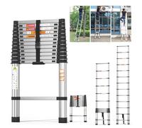 Escalera telescópica 3,8m/12,5FT,Escalera Extensible Ligera de Acero Inoxidable con Bloqueo automático,Pies Antideslizantes,Carga 150kg/330lb,Escalera Multiusos para el hogar y el Exterior