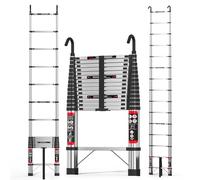 Escalera telescópica 4,4m/14,4FT, Escalera Extensible Ligera de Acero Inoxidable con 2 Ganchos y estabilizador,Pies Antideslizantes,Escaleras portátiles con una Carga máxima de 150 kg/330 LB