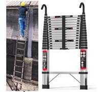 Escalera telescópica 5m/16,4FT, Escalera Extensible Ligera de Acero Inoxidable con 2 Ganchos y estabilizador,Pies Antideslizantes,Escaleras portátiles con una Carga máxima de 150 kg/330 LB