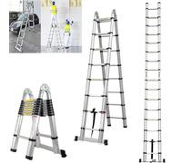Escalera telescópica de 3,8 m con estabilizador, 1,9 m + 1,9 m, portátil, multiusos, con pies de goma antideslizantes, escalera extensible, escalera plegable, escalera de acero inoxidable, 150 kg,