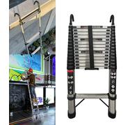 Escalera telescópica de 5 m de acero inoxidable con 2 ganchos, antideslizante, 14 peldaños, fácil de transportar, 150 kg de capacidad