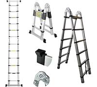 Escalera telescópica de Aluminio 3.8m/1.9+1.9m, 13 Peldaños, Plegable, Extensible, Fácil de Transportar, para Constructores de Bricolaje, Interiores y Exteriores