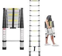 Escalera telescópica de Aluminio 4.4 m, 15 Peldaños, Plegable, Extensible, Fácil de Transportar, para Constructores de Bricolaje, Interiores y Exteriores