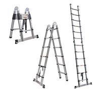 Escalera Telescópica en A, Escalera Extensible de Acero Inoxidable, Escalera Plegable Multiusos Portátil, Capacidad de Carga 150kg, para Decoración, Pintura, Bricolaje en el Hogar (1,9m + 1,9m)