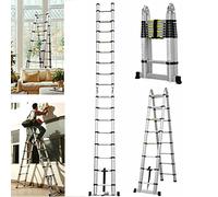 Escalera telescópica plegable de 2,5 m + 2,5 m, marco en A, 8 + 8 peldaños, escalera extensible de acero inoxidable, escalera multiusos, capacidad de carga de 150 kg, EN131