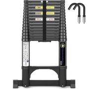 Escalera Telescópica Plegable Extensible Aluminio 4,4 Metros Negro | Estabilizador y Ganchos Desmontables, Antideslizante, Portátil, Robusta, Uso Doméstico Autocaravanas y Buhardillas