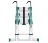 Escalera Telescópica Plegable Extensible Aluminio 4,7 Metros Verde | Estabilizador y Ganchos Desmontables, Antideslizante Portátil, Escalera Doméstica Multiusos, Interiores y Exteriores