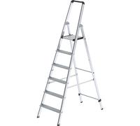 Escalera tipo tijera de peldaños planos de aluminio, de ascenso por un lado MUNK, con larguero ergonómico y bandeja