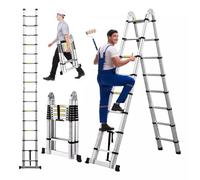 Escaleras telescópicas de 5 m, de aluminio de doble propósito, ligera, telescópica, con estabilizador, compacta, capacidad de carga de 330 libras (2.5 m + 2.5 m)