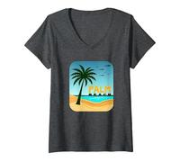 Escapada de Vacaciones en Palm Beach Tropical Paradise Camiseta Cuello V, Mujer, Jaspeado Oscuro, L