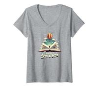 Escapar a un Libro: Aventura mágica de Lectura Camiseta Cuello V, Mujer, Gris Jaspeado, XL