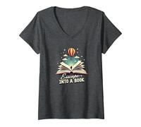 Escapar a un Libro: Aventura mágica de Lectura Camiseta Cuello V, Mujer, Jaspeado Oscuro, S