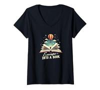 Escapar a un Libro: Aventura mágica de Lectura Camiseta Cuello V, Mujer, Negro, M