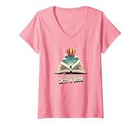 Escapar a un Libro: Aventura mágica de Lectura Camiseta Cuello V, Mujer, Rosado, M