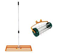 SET Nivelador de Césped 100x32cm + Aireador Manual Rodante de Césped 42cm ancho (Púas 3.8cm) | NARANJA | Acero | Mango Extensible 1.15-1.9m | Aluminio | Jardinería Paisajismo Cultivo Exteriores