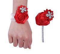 ESCATIC Europeo y Americano Simple Novia Dama de Honor Cinta muñeca Ramillete Novio Mejor Hombre Solapa Broche Hecho a Mano Boda Suministros-Rojo
