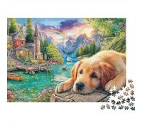 Escena Cachorro Dorado Grueso Rompecabezas 1000 Piezas Adultos. Golden Retriever Lago Arcoíris Montañas. Premium Resistente Vibrante Desafiante Duro Difícil Alivio Estrés 38x26cm