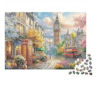 Escena Calle Londres Puzzle 1000 Piezas Adultos y Familia Calle Londres Big Ben Flores Premium Grueso Desafiante Alivio Estrés Juego 38x26cm