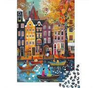 Escena Canal otoño 1000 Piezas Cartón Art Canal Ámsterdam Rompecabezas para Adultos Resistente A Arañazos Entrenamiento Cerebral Regalo Ideal Ecológico 70x50cm/1000pcs