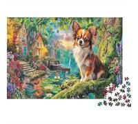 Escena Canina Tropical Rompecabezas clásico de cartón Chihuahua en Pueblo Colorido Junto al Estanque, Regalo de Rompecabezas Relajante para Adultos 70x50cm/1000 Piezas