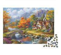 Escena Casa Campo Otoño Rompecabezas 1000 Piezas Adultos Pueblo Arroyo Cisnes Montañas Premium Grueso Resistente Vibrante Desafiante Difícil Alivio Estrés Regalo Familiar 70x50cm/1000pcs