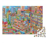 Escena Ciudad Caricatura Rompecabezas 1000 Piezas Adultos Ciudad Caricatura Edificios Coches Rueda Ferris Desafiante Premium Grueso Resistente Alivio Estrés Regalo Familiar Decoración 70x50cm/1000pcs