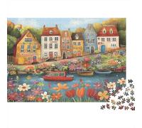 Escena Colorida del Pueblo Rompecabezas DIY 1000 Piezas, Cartón Reciclado Premium, Adultos Y Familia,Canal Town Frente al mar Decoración Mural, Relajación En Casa, Juego Cerebral 70x50cm/1000pcs