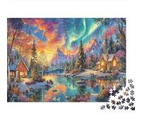 Escena de Aurora Invernal Rompecabezas de Papel Pueblo Invernal con Aurora Boreal sobre el Lago, Regalo Coleccionable contra el aburrimiento 70x50cm/1000 Piezas