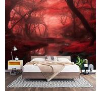 Escena de Bosque FantáStico Fotomural para Pared de Tela No Tejida 300x210 cm, Rojo Papel Pintado Decorativo de Interiores para Salón Dormitorio Oficina Pasillo Comedor, Fácil de Instalar