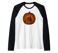 Escena de calabaza de Halloween de tren fantasma embrujado Camiseta Manga Raglan