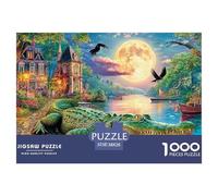 Escena de cocodrilo bajo la luz de la Luna Puzzle para Adultos Obra De Arte & Rompecabezas De Alto Nivel Original para Adultos Y para Niños A Partir De 14 Años 38x26cm/1000pcs