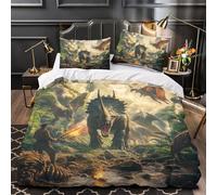 Escena de dinosaurios 3D Impresión Funda de edredón 3pz Microfibra cremallera oculta Aventura prehistórica de fantasía Edredón funda 2 fundas antidesvanecimiento Decoración habitación adultos