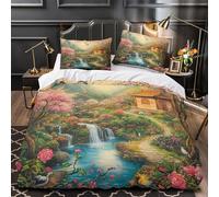 Escena de jardín de primavera Impresión 3D 3 piezas cubrecama arquitectura tradicional asiática funda de edredón microfibra transpirable antiácaros para bebés adolescentes adultos Double（200x200cm）