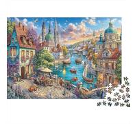 Escena de la Ciudad del río Rompecabezas 1000 Piezas para Aficionados Fin De Semana, Cartón Resistente,Río Ciudad Europea Decoración Mural, Regalo Primavera, Juego Cerebral 52x38cm/1000pcs