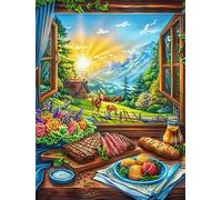 Escena de picnic con frutas y pan cerca de ventana Puzzle 300 Piezas Estera Portátil 3D Ciencia ficción sueño mágico Rompecabezas Familiar Para Hombres Y Mujeres Aliviar Estrés Decoración Hogar 300 PC