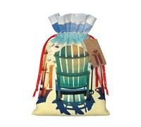 Escena de playa con sillas, bolsas de regalo de Navidad con cordón de tela versátil, perfectas para vacaciones y ocasiones especiales