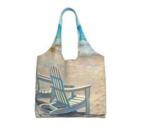 Escena de playa con sillas impresas,Bolsas de mano reutilizables, bolsas de supermercado, bolso de hombro de lona de gran capacidad