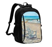Escena de playa con sillas impresas, Mochila de viaje informal para portátil con puerto de carga USB para hombres y mujeres.