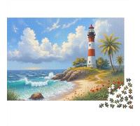 Escena de Playa Faro Familiar Rompecabezas de 1000 Piezas para Adultos Escena de Faro en Playa Tropical Premium Robusto Desafiante Alivio de Estrés 52x38cm/1000pzs