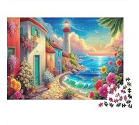 Escena de Playa Rompecabezas Clásico 1000 Piezas para Adultos Todas Edades, Cartón Premium,Ciudad Faro Mediterráneo Decoración Interior, Regalo Mujeres, Relajación En Casa 52x38cm/1000pcs