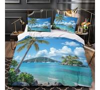 Escena de playa tropical Impresión 3D 3 piezas funda de edredón Escapada a una isla soleada funda de colchón microfibra morbida hipoalergénica para adolescentes mujeres adultos Single（140x200cm）