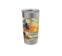 Escena de playa tropical retro con diseño de surfistas Vaso térmico de acero inoxidable de doble pared