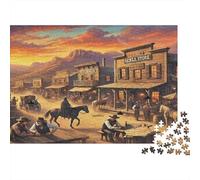 Escena de Pueblo del Oeste 100% cartón Reciclado. Pueblo del Salvaje Oeste al Atardecer. Rompecabezas de 1000 Piezas para Adultos y niños. Único y bellamente ilustrado. 52 x 38 cm / 1000 Piezas.