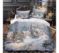 Escena de pueblo invernal Funda de Edredón 3 Piezas Suave Diseño 3D Cierre de Cremallera Oculta con Fundas de Almohada Suave Acogedor pueblo navideño Funda Edredon for niños Single（140x200cm）