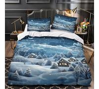 Escena de pueblo invernal Funda de Edredón Cremallera Oculta Suave 3 Piezas Diseño 3D con Fundas de Almohada Antibacteriana Acogedor pueblo navideño Funda Edredon for niños Double（200x200cm）