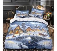 Escena de pueblo invernal Funda de Edredón Juego de 3 Piezas Diseño 3D Cremallera Oculta incluye Fundas de Almohada Suave Acogedor pueblo navideño Funda Edredon for Adolescentes Single（135x200cm）